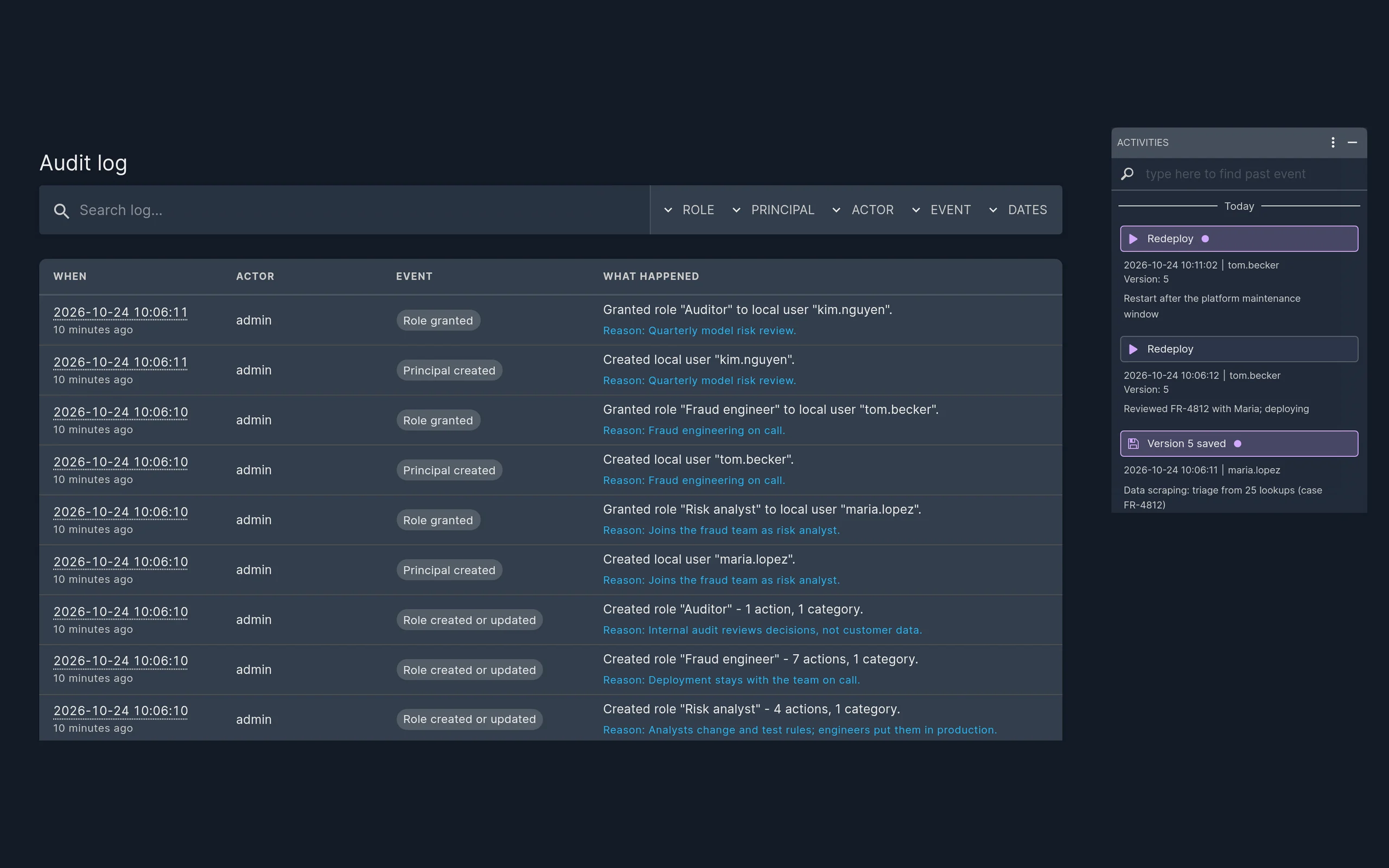 The access-control audit log with the reason for every role grant, next to the scenario history: version 5 saved by risk analyst maria.lopez and deployed by fraud engineer tom.becker