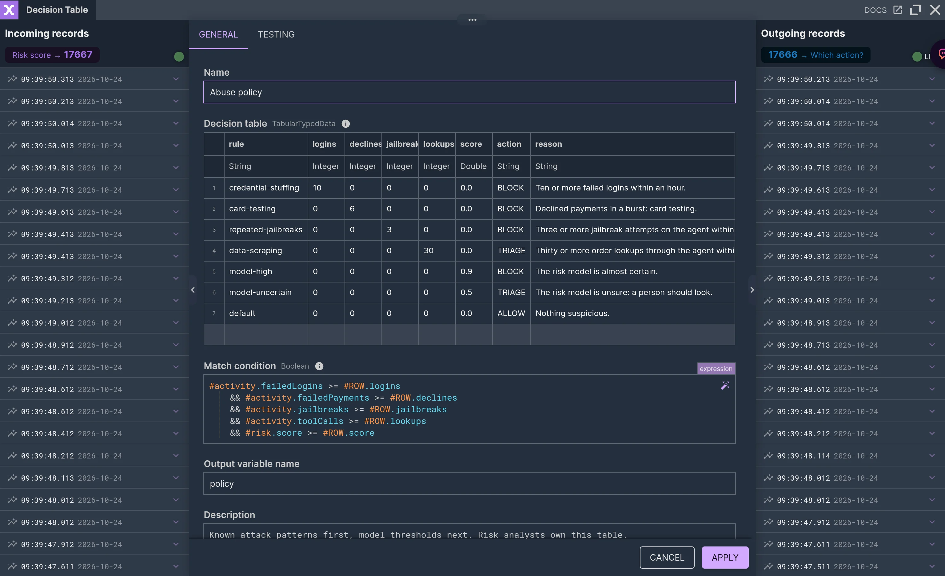 The Abuse policy decision table with rules for credential stuffing, card testing, jailbreaks and data scraping, and live incoming and outgoing records